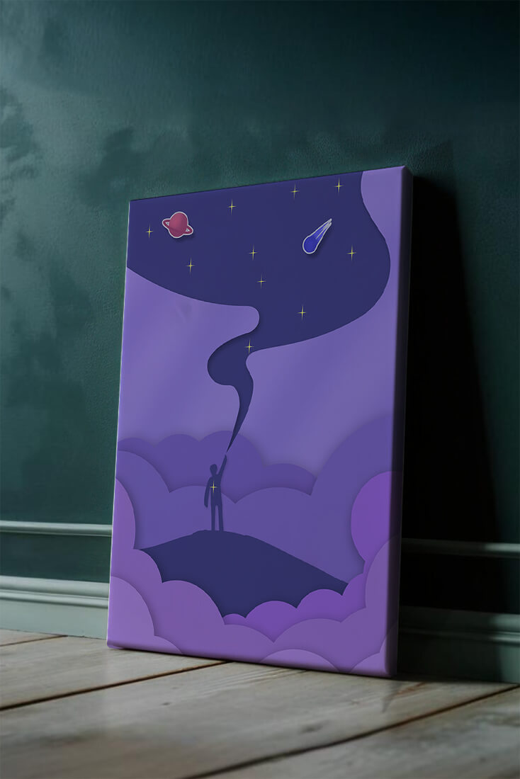 Silhouette in a cosmic landscape with stars and planets