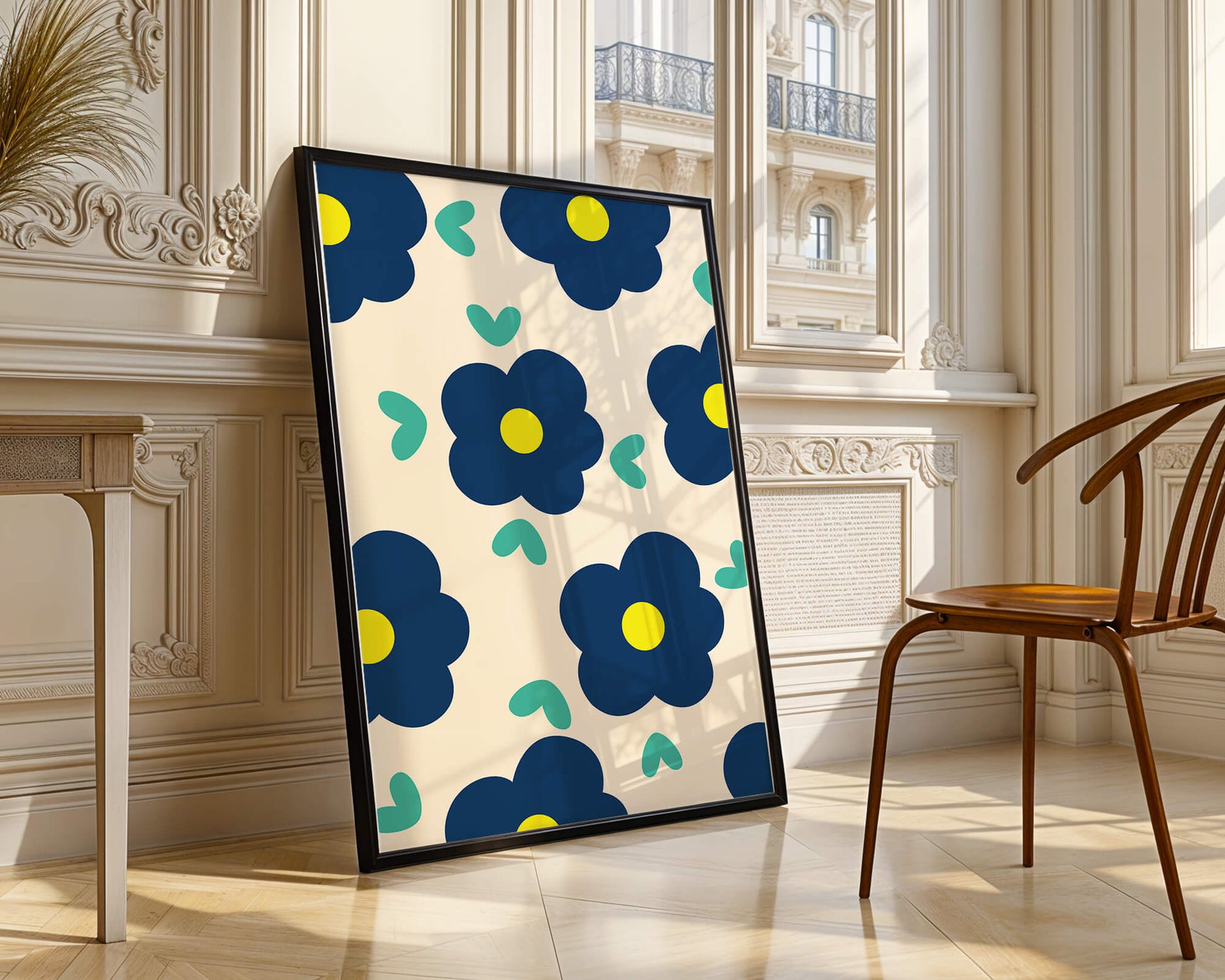 Blue floral pattern with yellow centers on cream background