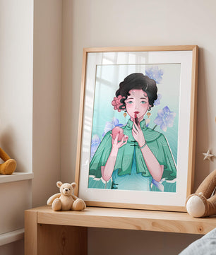 Woman applying lipstick with elegant floral background