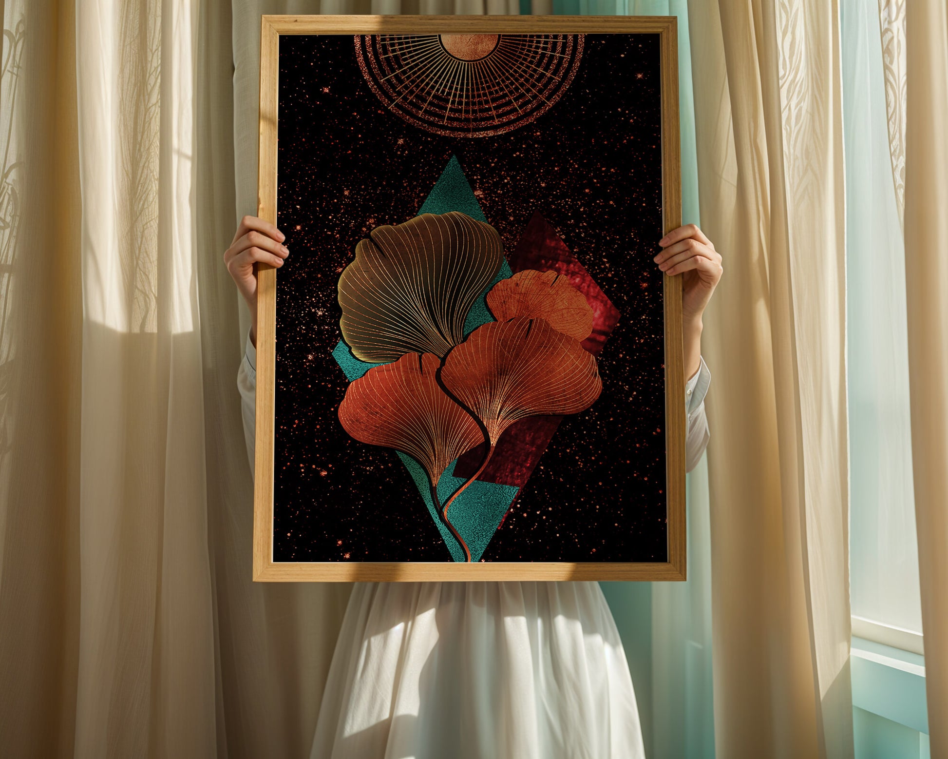Traducción al español: Ilustración floral cósmica abstracta con elementos geométricos y acentos dorados