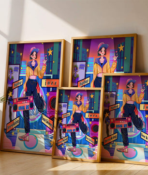 Escena urbana de baile colorida con elementos de hip hop y jazz