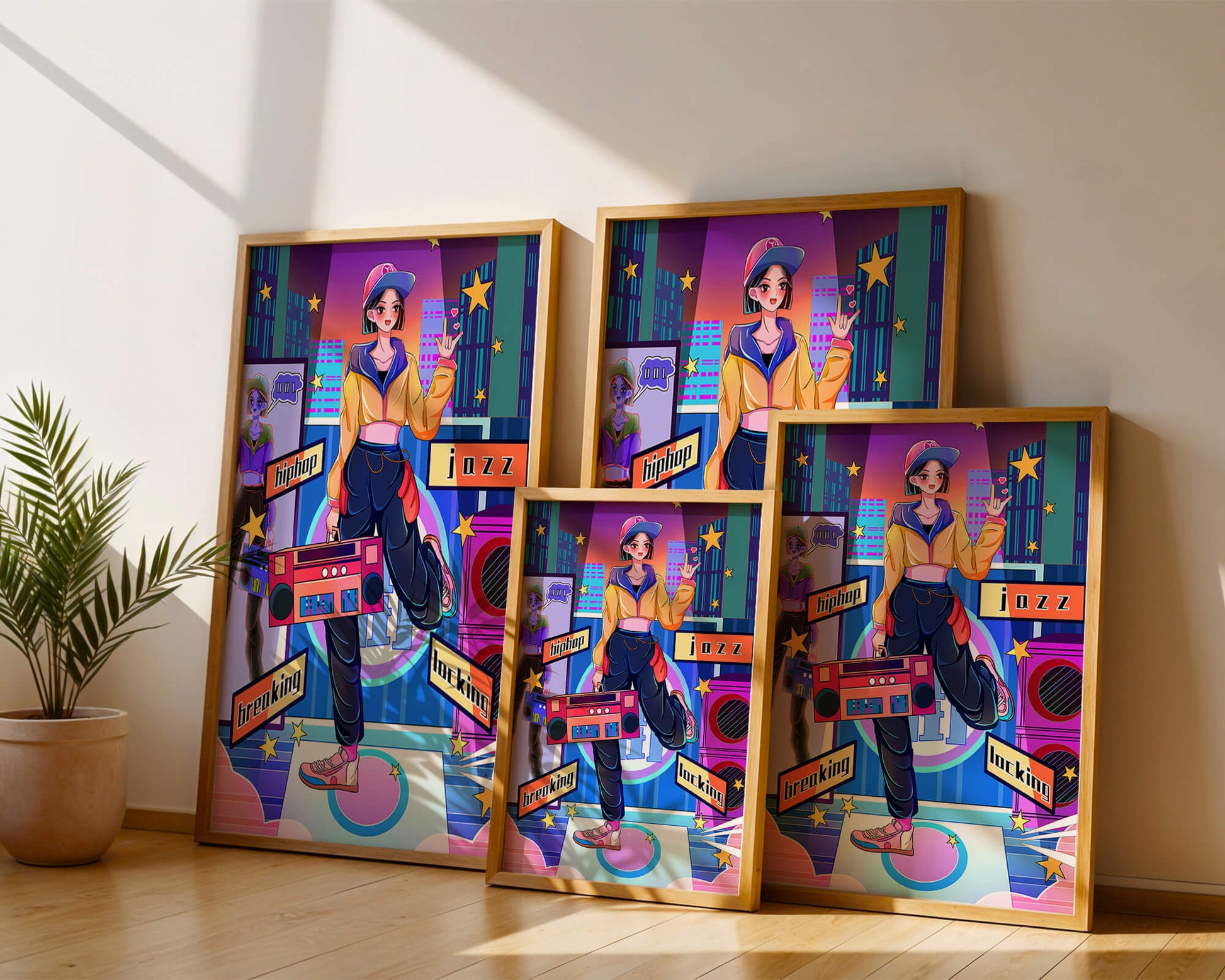 Colorful urban dance scene with hip hop and jazz elements