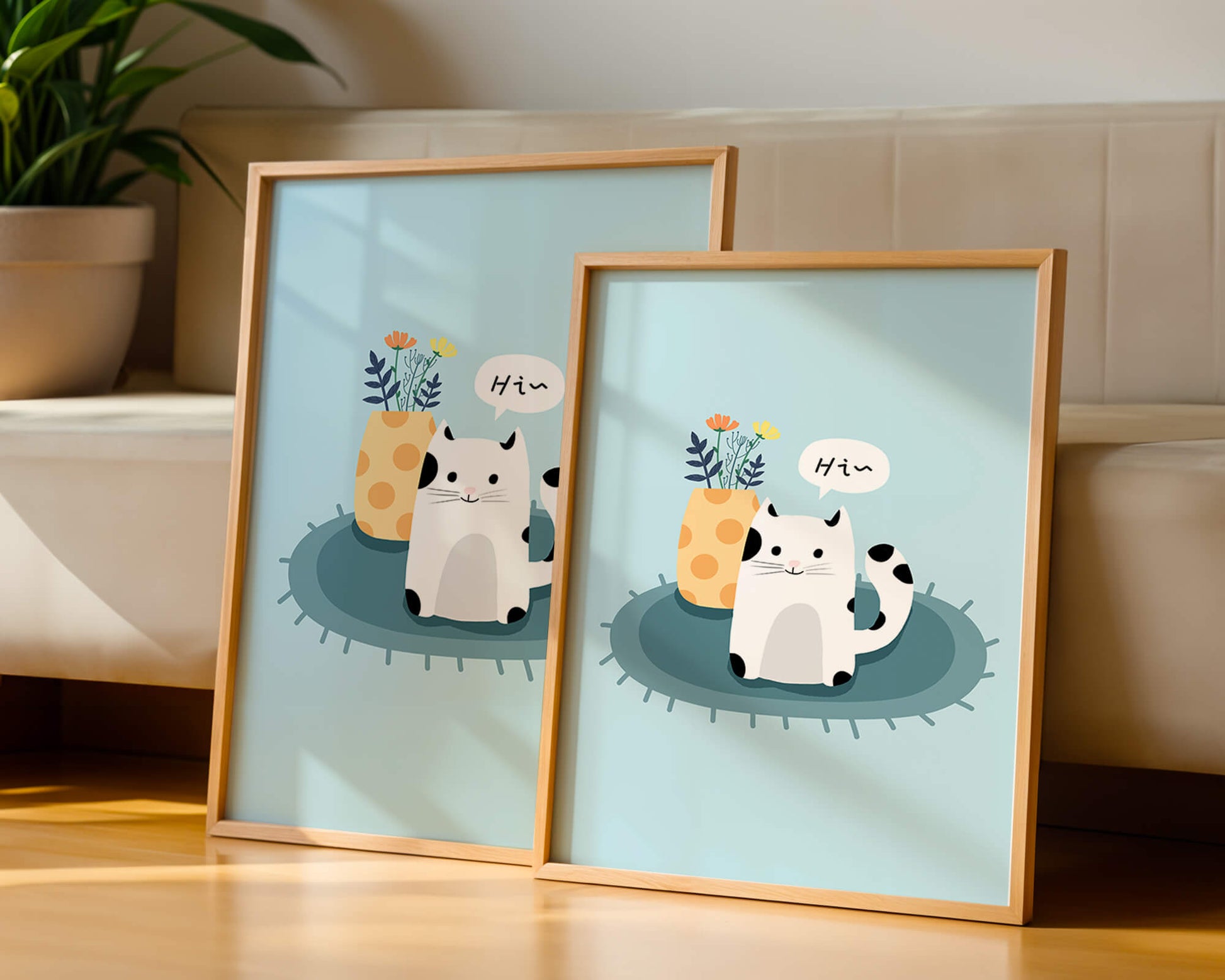 Cute illustration of a cat and flowers on a rug with a speech bubble