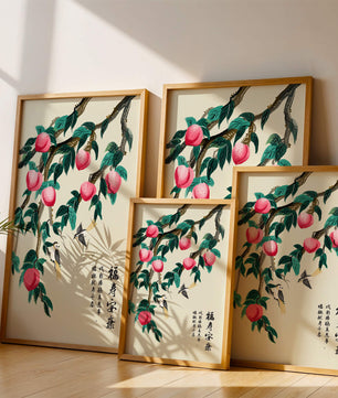Delicate illustration of peach tree with birds and calligraphy