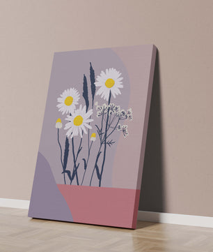 Illustrative floral artwork with daisies and abstract background