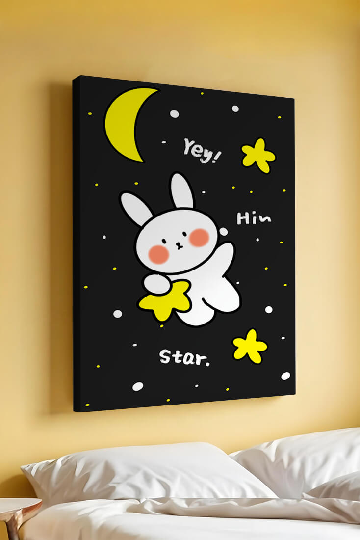 Adorable bunny with stars and moon on a night sky background