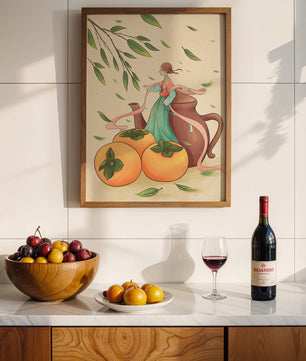 Whimsical scene with a woman in traditional attire among persimmons and leaves