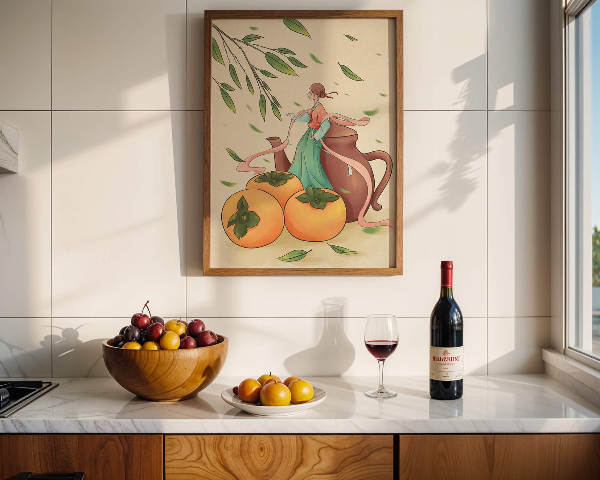 Whimsical scene with a woman in traditional attire among persimmons and leaves
