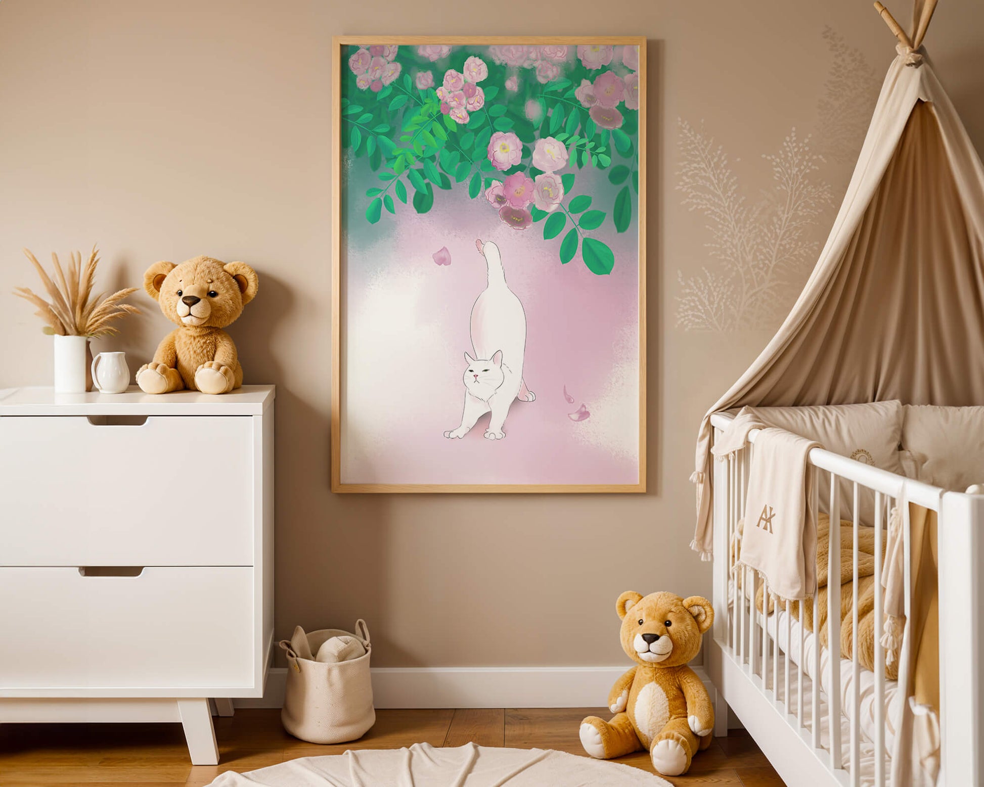 White cat stretching beneath blooming flowers in a pastel garden setting