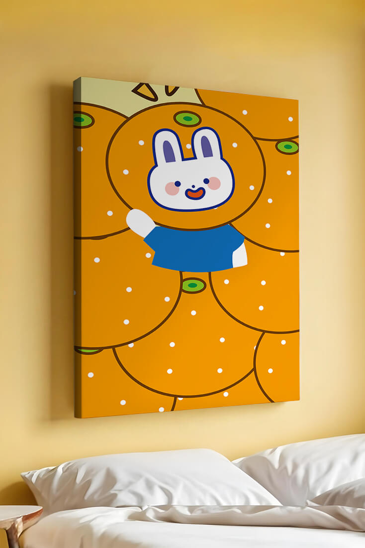 Whimsical illustration of a bunny surrounded by oranges