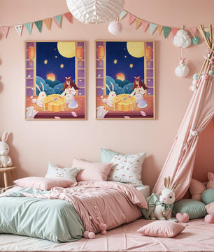 Moonlit Night with Lanterns and Tea Ceremony Featuring Rabbits and Mooncakes