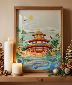 Alter chinesischer Pavillon am Wasser mit Kranichen und Bergen