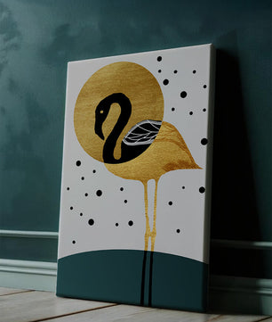 Ilustración elegante de flamenco dorado y negro con elementos de puntos abstractos