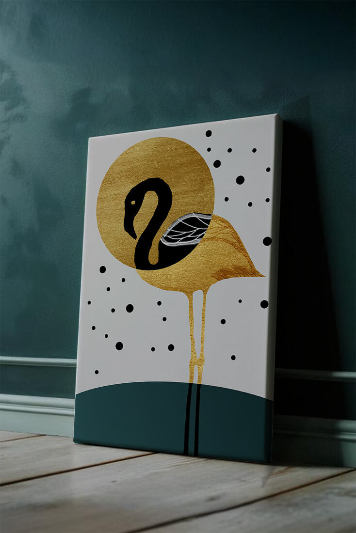 Elegante ilustración de flamenco dorado y negro con elementos de puntos abstractos