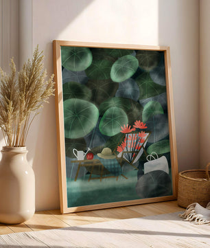 Garden Scene with Flowers, Table, and Chair in a Leafy Backdrop