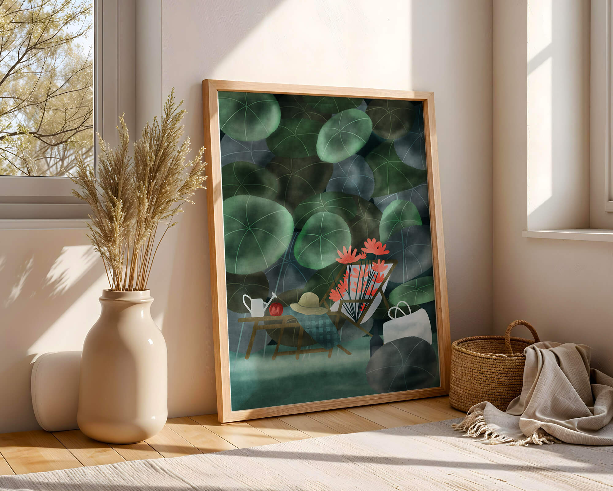Garden Scene with Flowers, Table, and Chair in a Leafy Backdrop