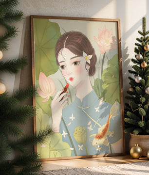 Elegant Woman in Traditional Dress with Lotus and Koi Fish - Mi tienda