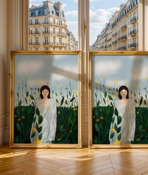 Femme en manteau blanc parmi les fleurs jaunes