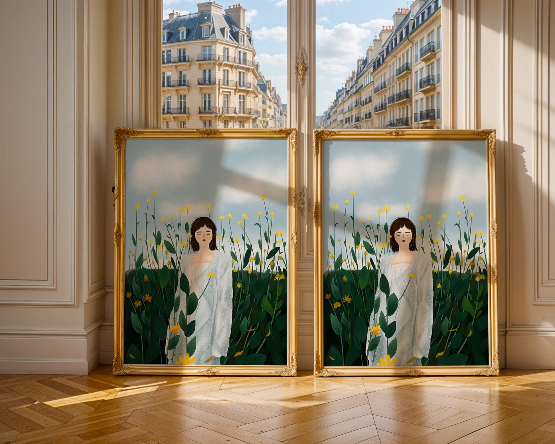 Mujer con abrigo blanco entre flores amarillas