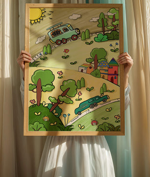 Colorful cartoon landscape with vehicles and nature scene