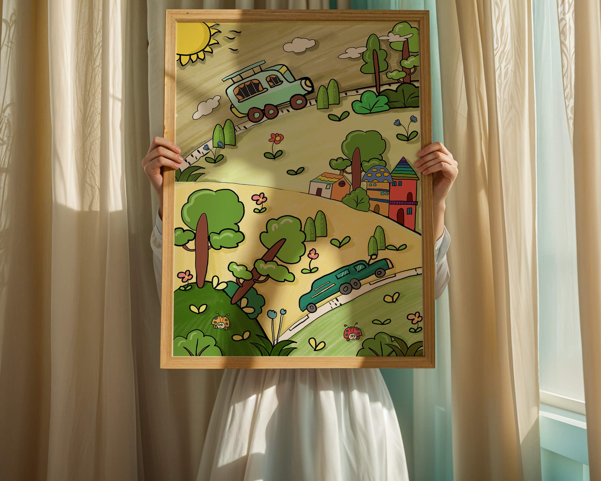 Colorful cartoon landscape with vehicles and nature scene