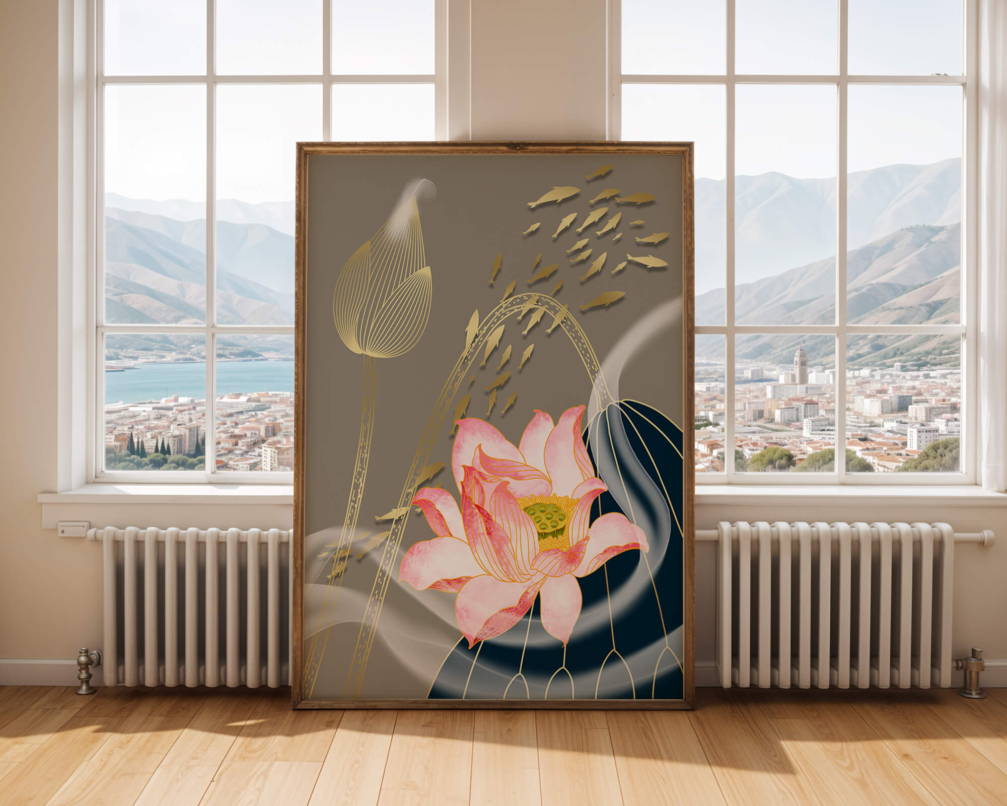 Elegant floral design with blooming lotus and golden fish accents