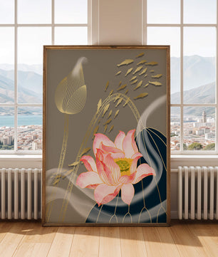 Elegant floral design with blooming lotus and golden fish accents