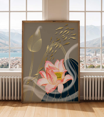 Elegant floral design with blooming lotus and golden fish accents