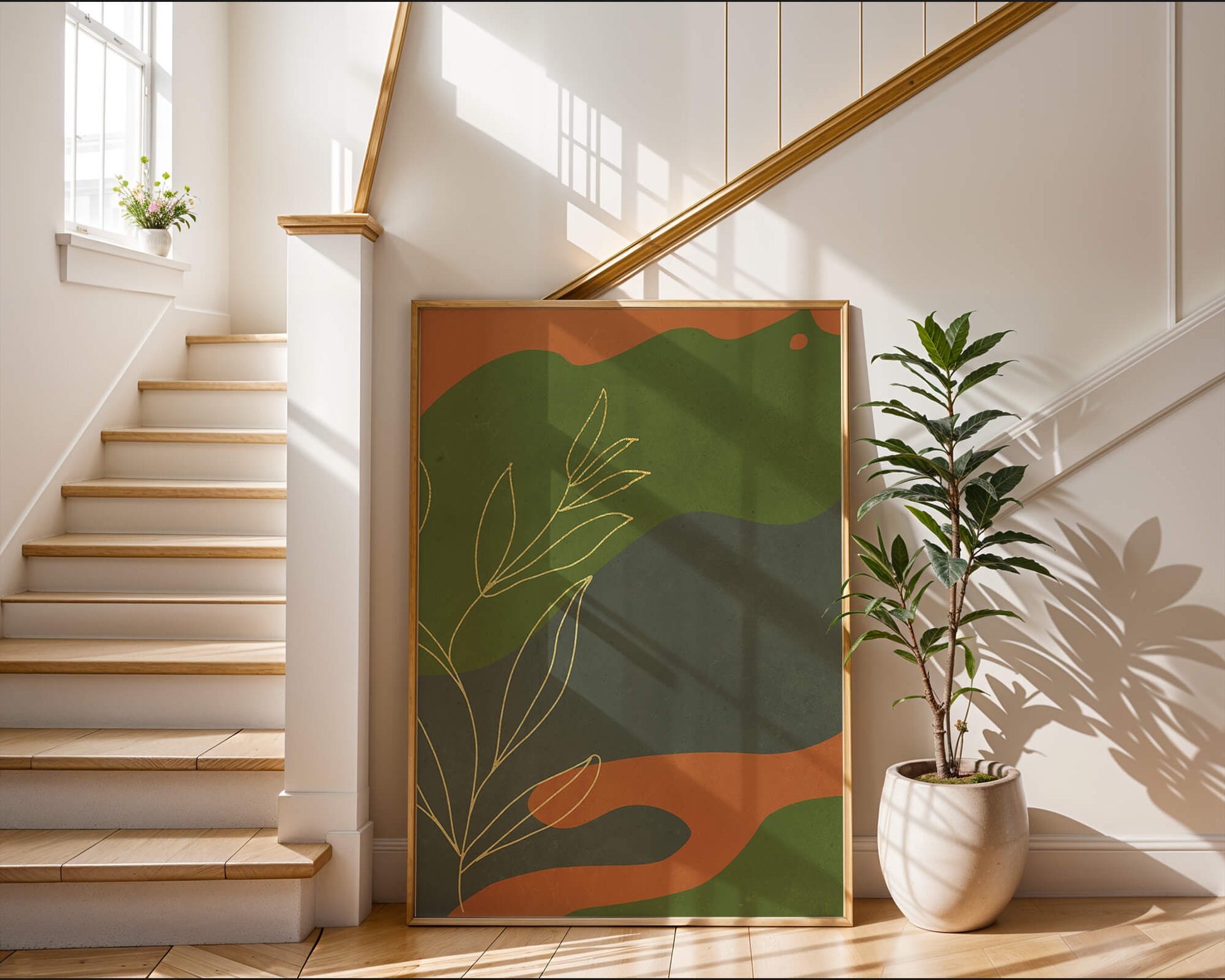 Abstrakte botanische Kunst mit Goldblatt auf buntem Hintergrund