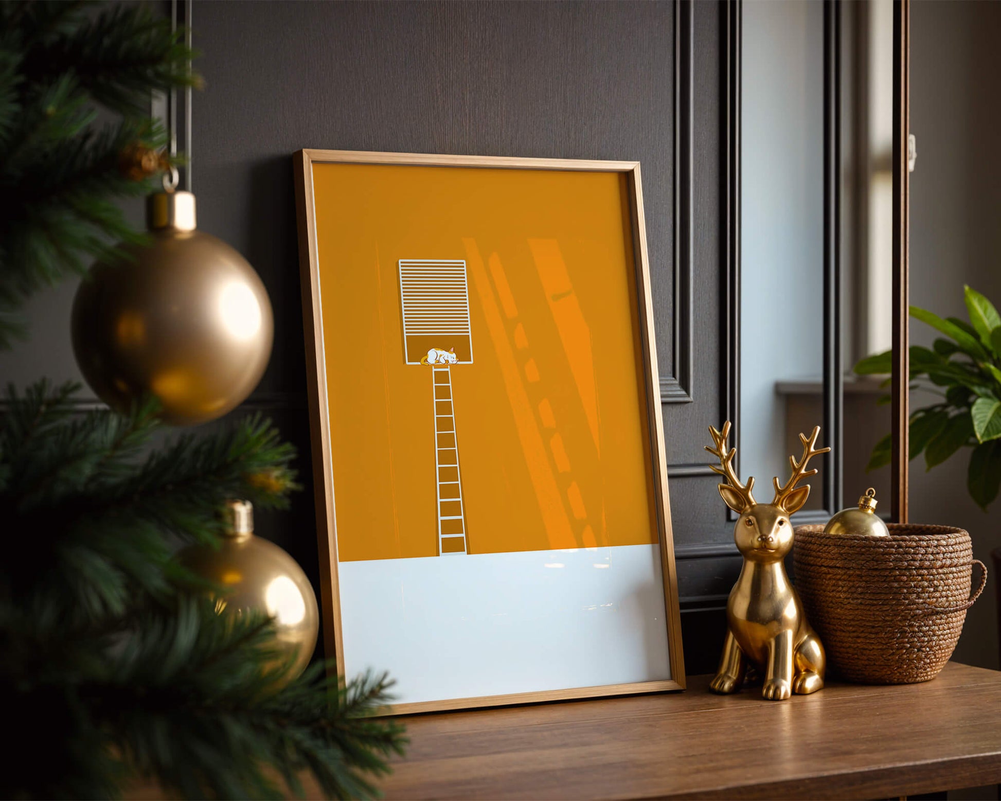 Cat Sleeping on Elevated Platform Against Orange Background
