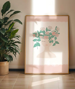 Illustration of a Minimalist Face with Floral Headpiece and Pink Background