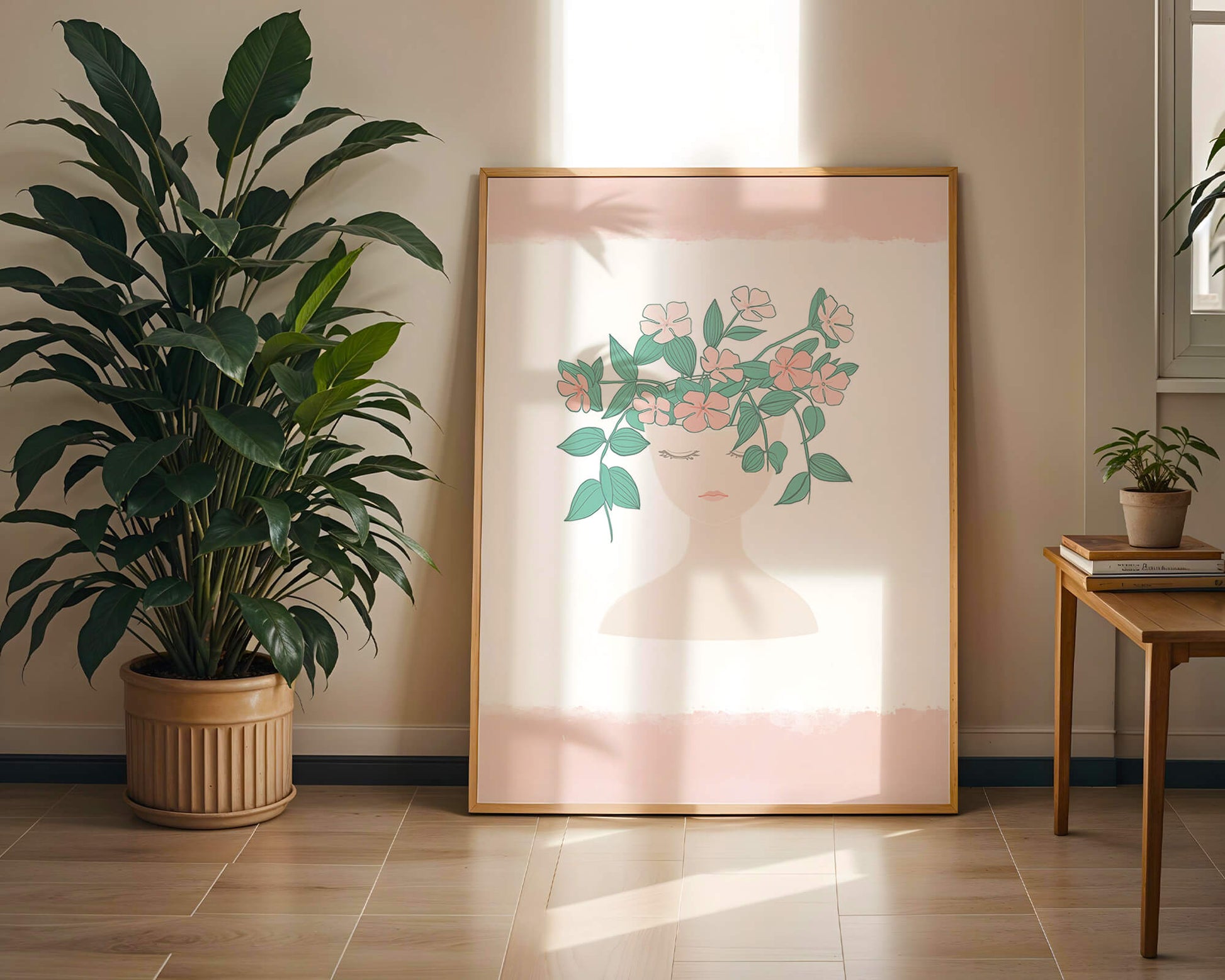 Illustration of a Minimalist Face with Floral Headpiece and Pink Background