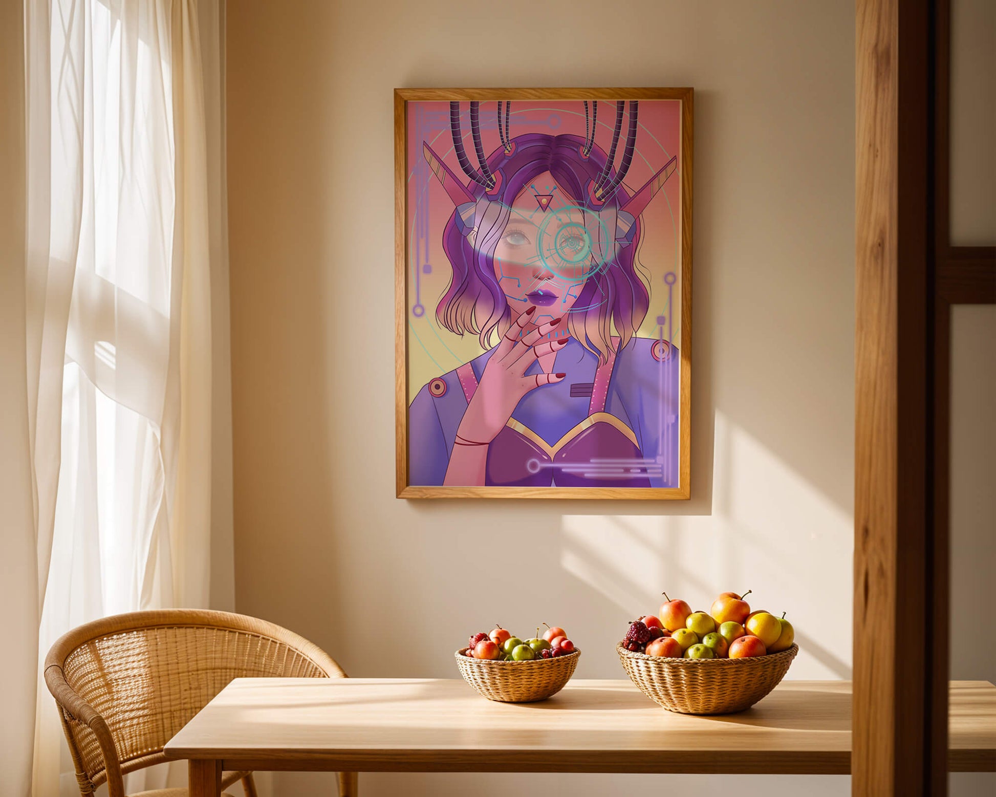 Futuristic digital art featuring a cybernetic woman with a holographic interface