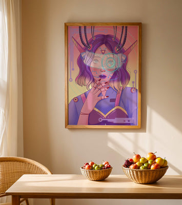 Futuristic digital art featuring a cybernetic woman with a holographic interface
