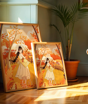 Illustration of a Girl in a Yellow Dress in Autumn Scenery