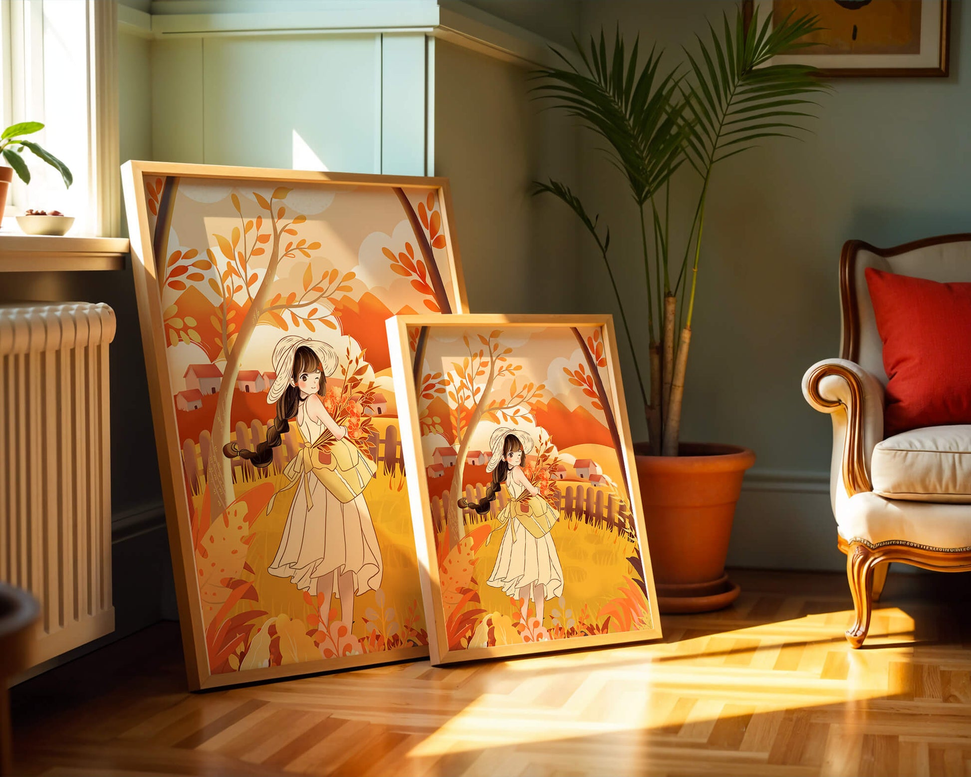 Illustration of a Girl in a Yellow Dress in Autumn Scenery