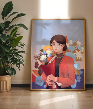 Mujer sosteniendo ramo con fondo floral