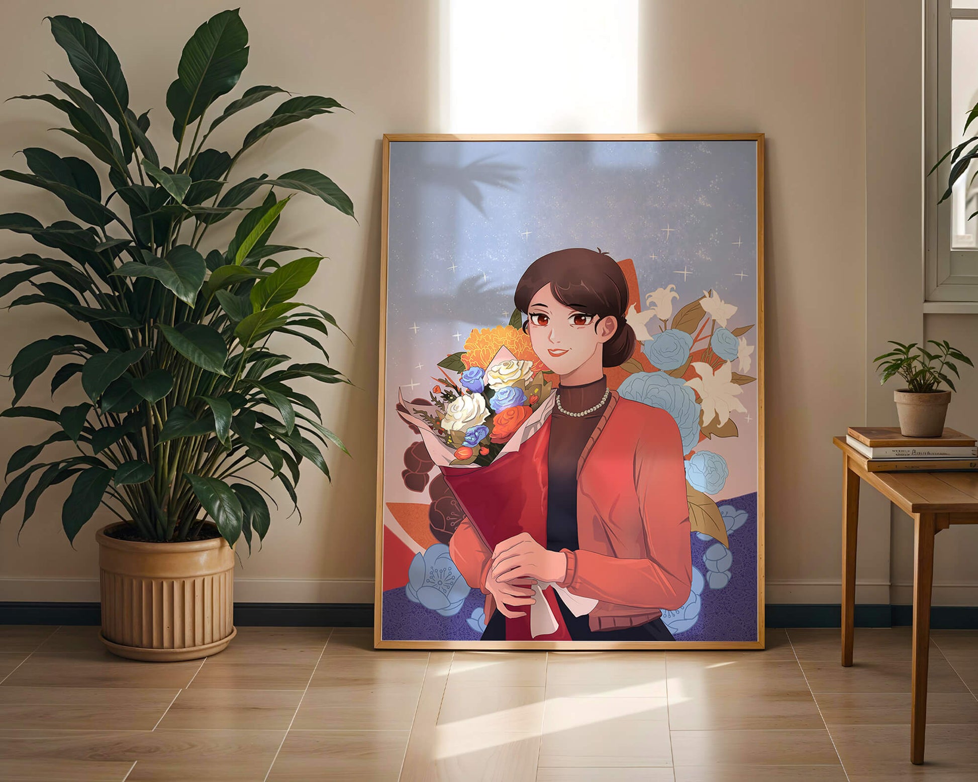Woman holding bouquet with floral background