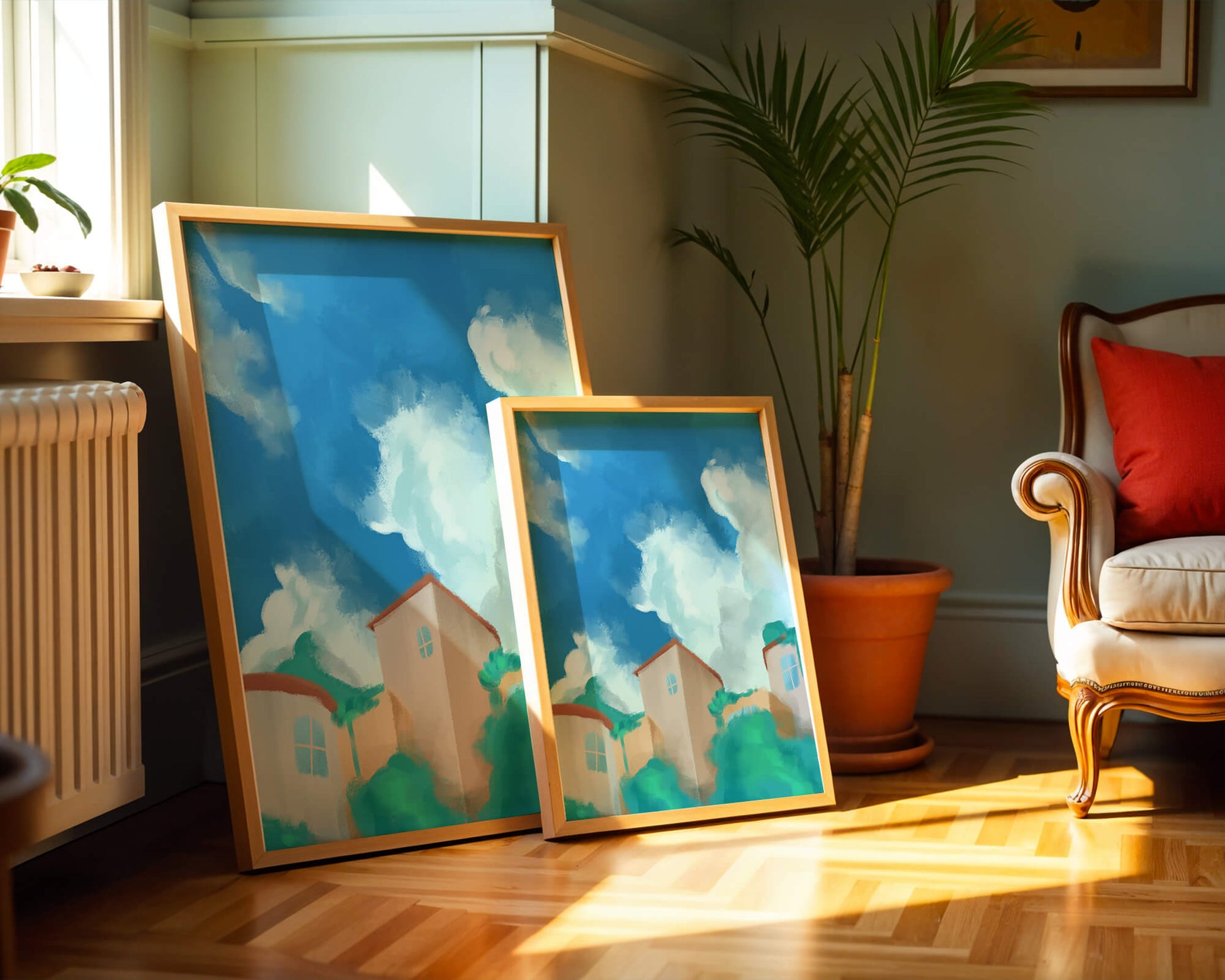 Serene landscape with houses and fluffy clouds against a blue sky