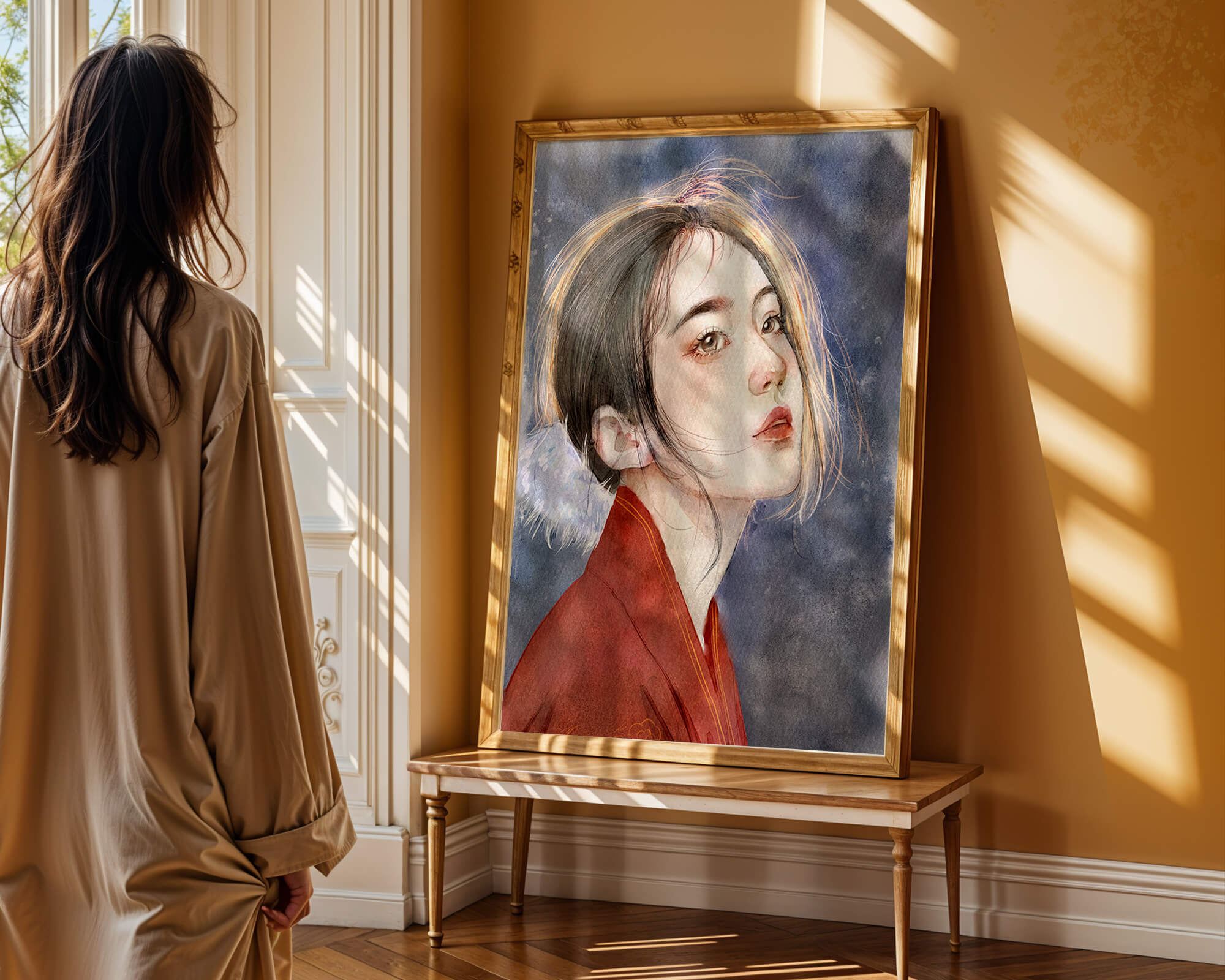 Watercolor portrait of a woman in a red garment with expressive features