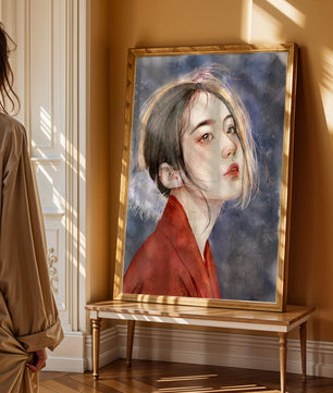 Watercolor portrait of a woman in a red garment with expressive features