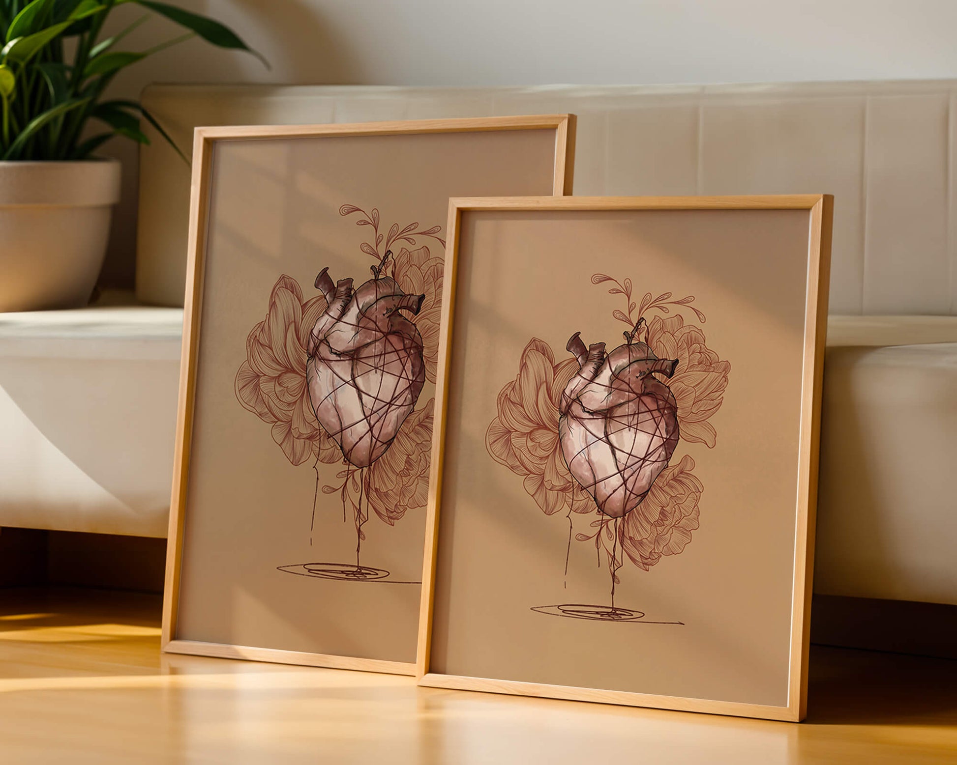 Ilustración detallada de un corazón anatómico con elementos florales sobre un fondo beige.