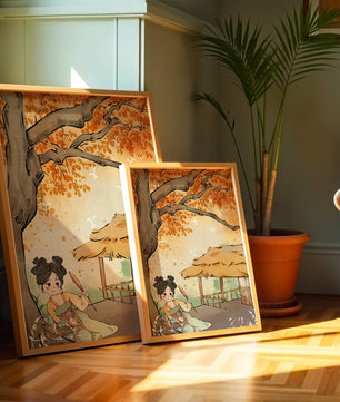 Escena de otoño con ilustración en estilo asiático tradicional