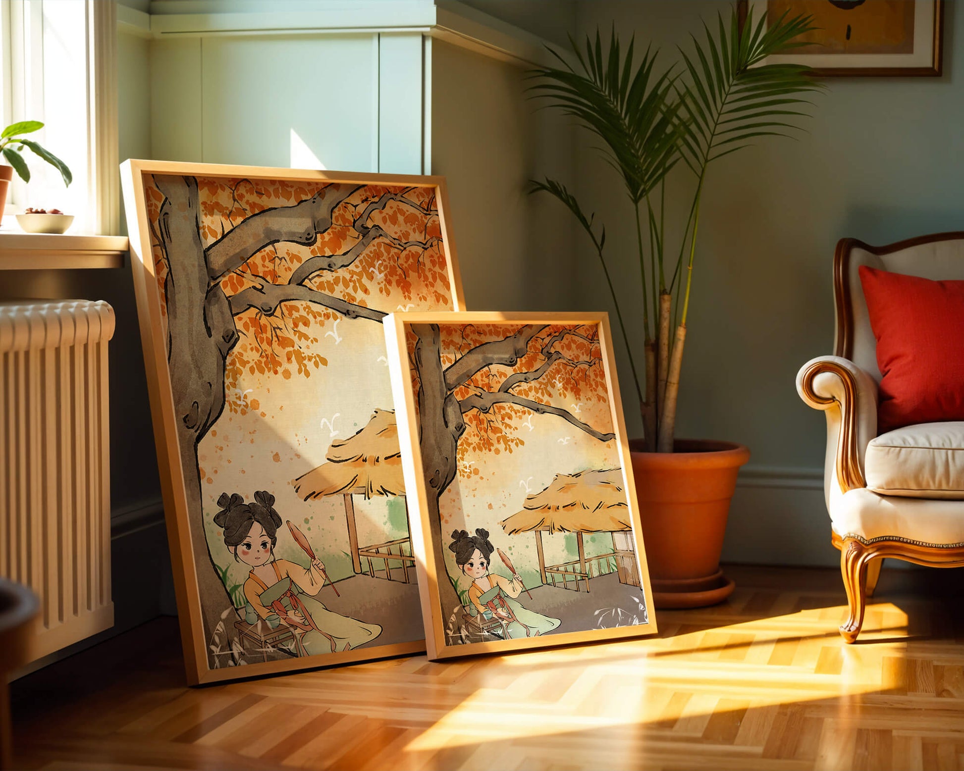 Escena de otoño con ilustración en estilo asiático tradicional