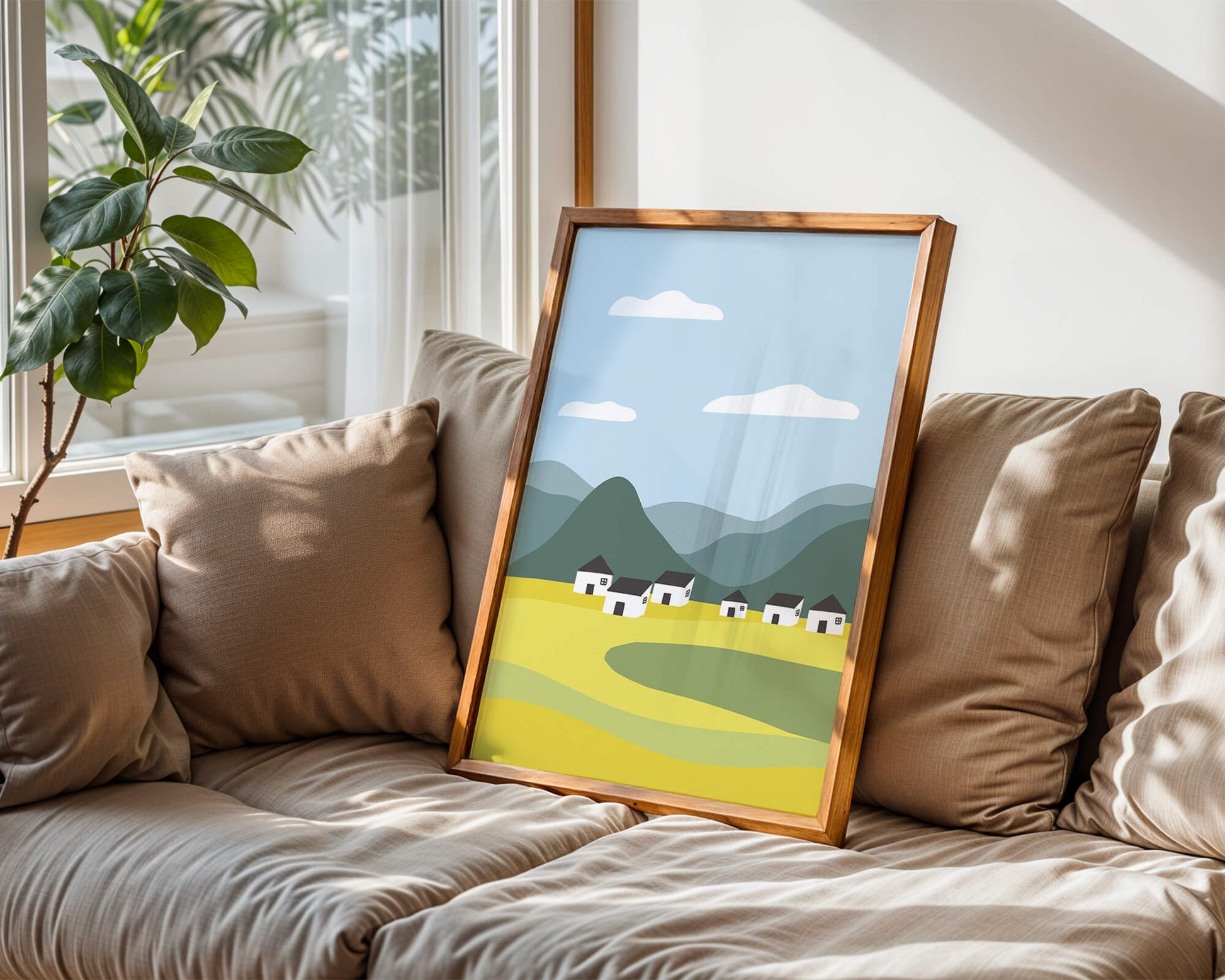 Pastoral Landscape with Mountains and Houses Under Blue Sky