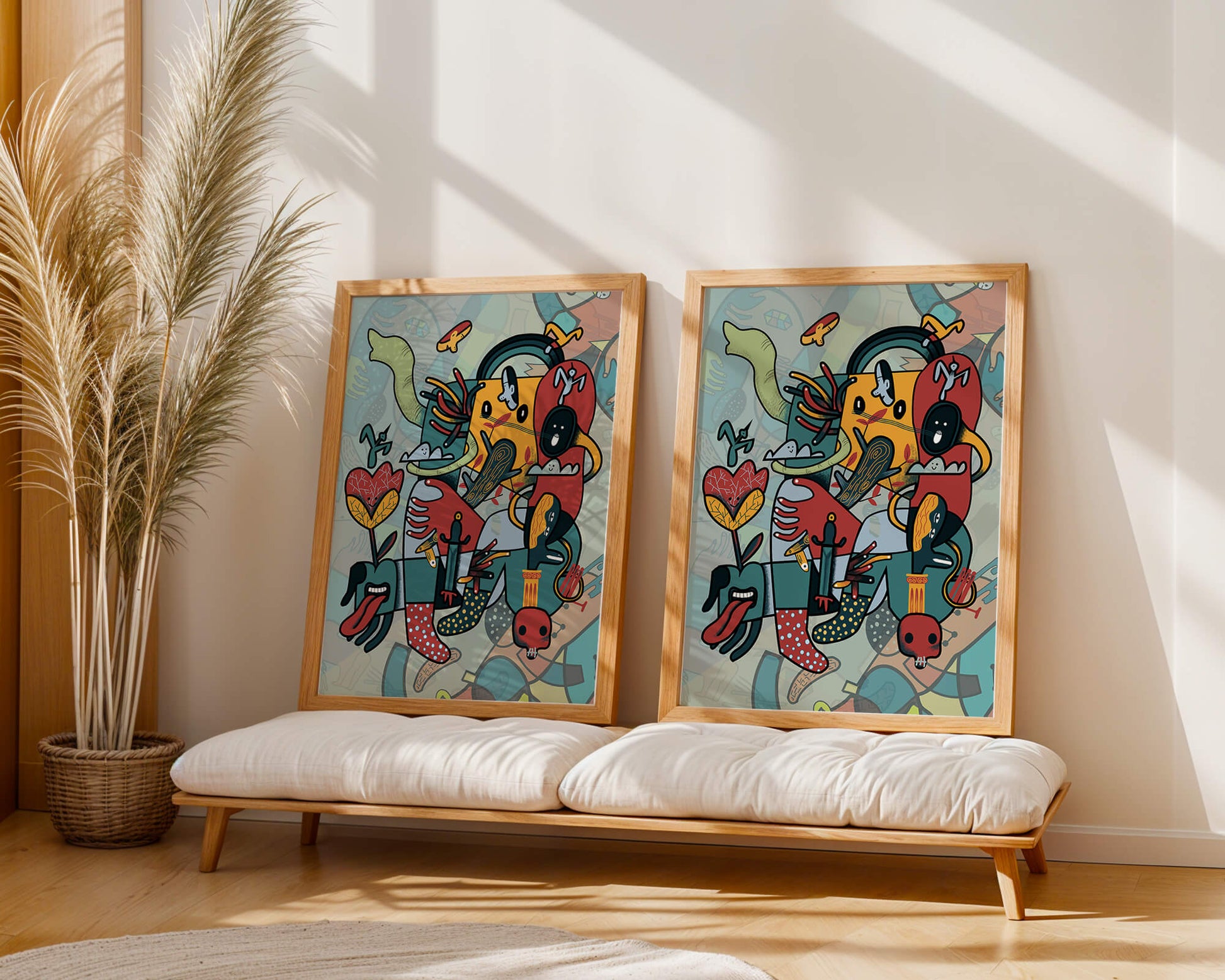 Colorful Abstract Surrealism Art with Intricate Details and Playful Characters