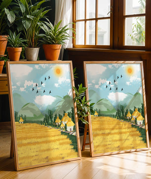 Sunny Countryside With Birds And Golden Fields