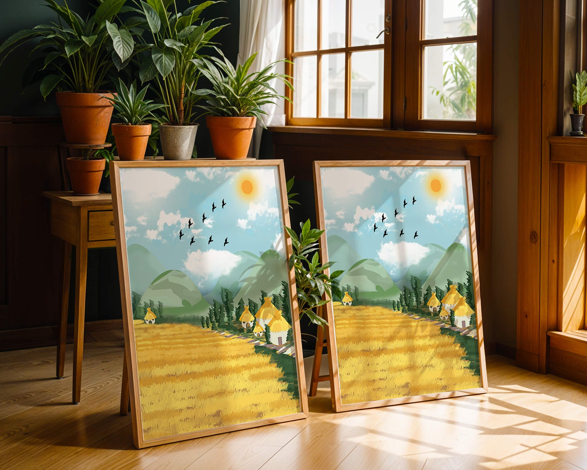Sunny Countryside With Birds And Golden Fields