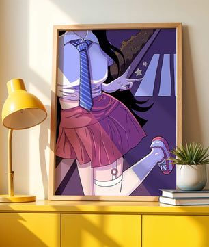 Estilo anime de una escolar posando con el signo de la paz en colores vibrantes