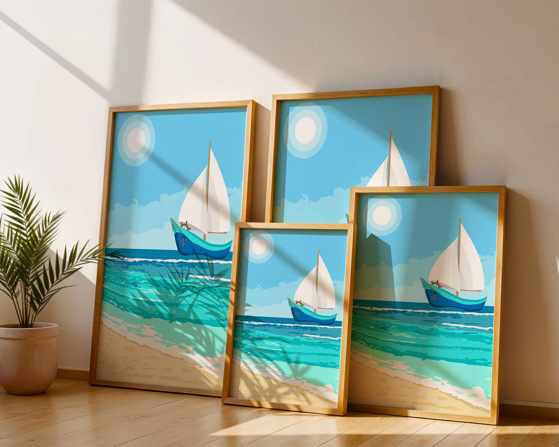 Serene ocean scenery with sailboat under the sun